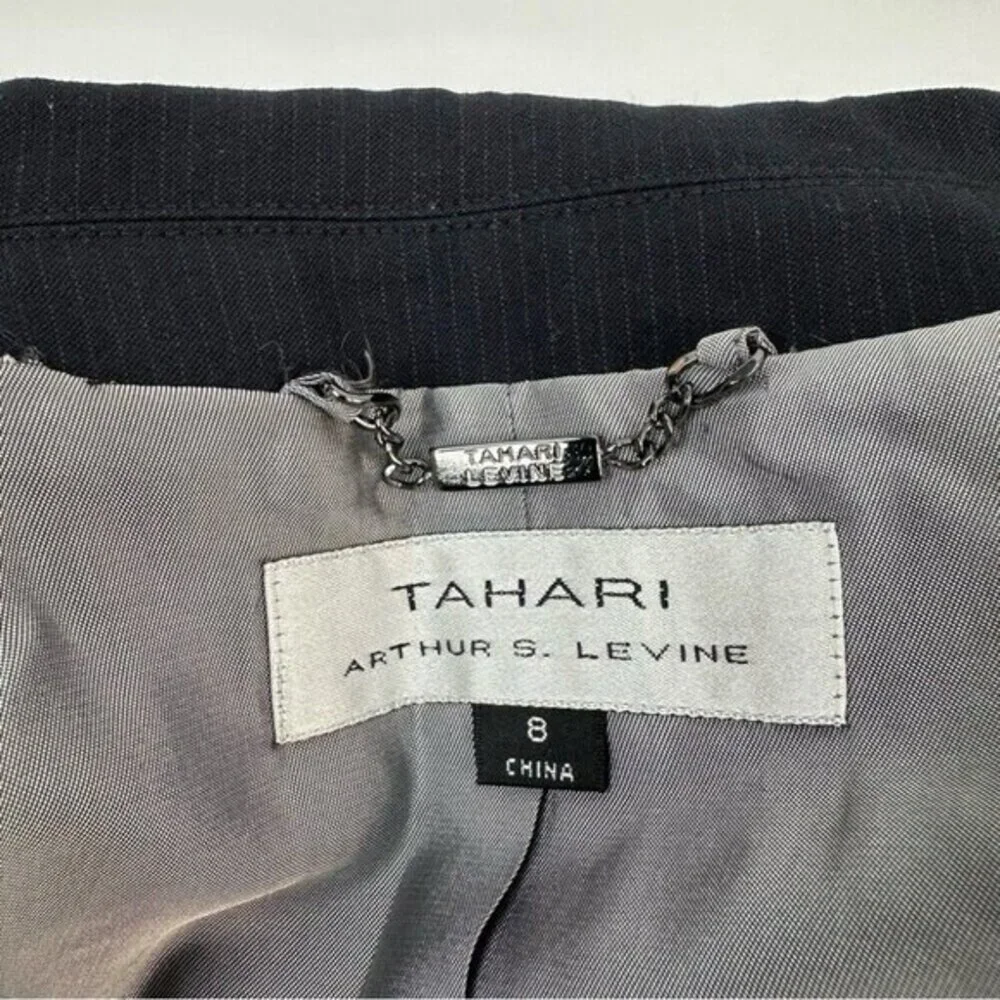 Tahari Arthur S Levine Women Navy Blue Pinstripe Two Button Blazer Jacket Size 8